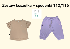 Koszulka beżowa z falbanką oraz spodenki dłuższe fioletowe rozmiar 110/116 Piudime