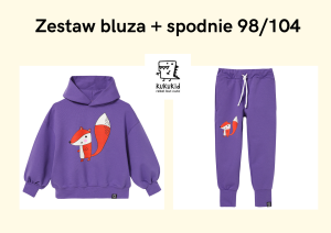 Bluza z kapturem fioletowa lisek i spodnie fioletowe lisek rozmiar 98/104 Kukukid
