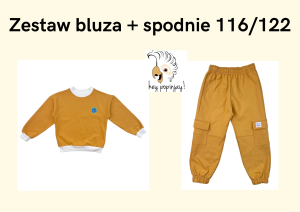 Bluza musztardowa i spodnie musztardowe cargo rozmiar 116/122 Hey Popinjay