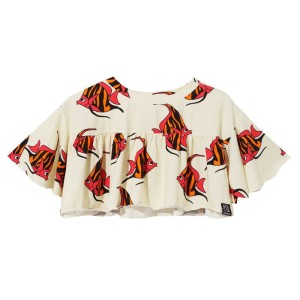 Koszulka krótka frill top bawełniana Rybki beżowe Kukukid