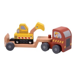 Drewniane auto z naczepą i koparką Joueco