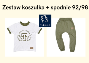 Koszulka z krótkim rękawem biała z zieloną lamówką i spodnie baggy zielone rozmiar 92/98 Tuss